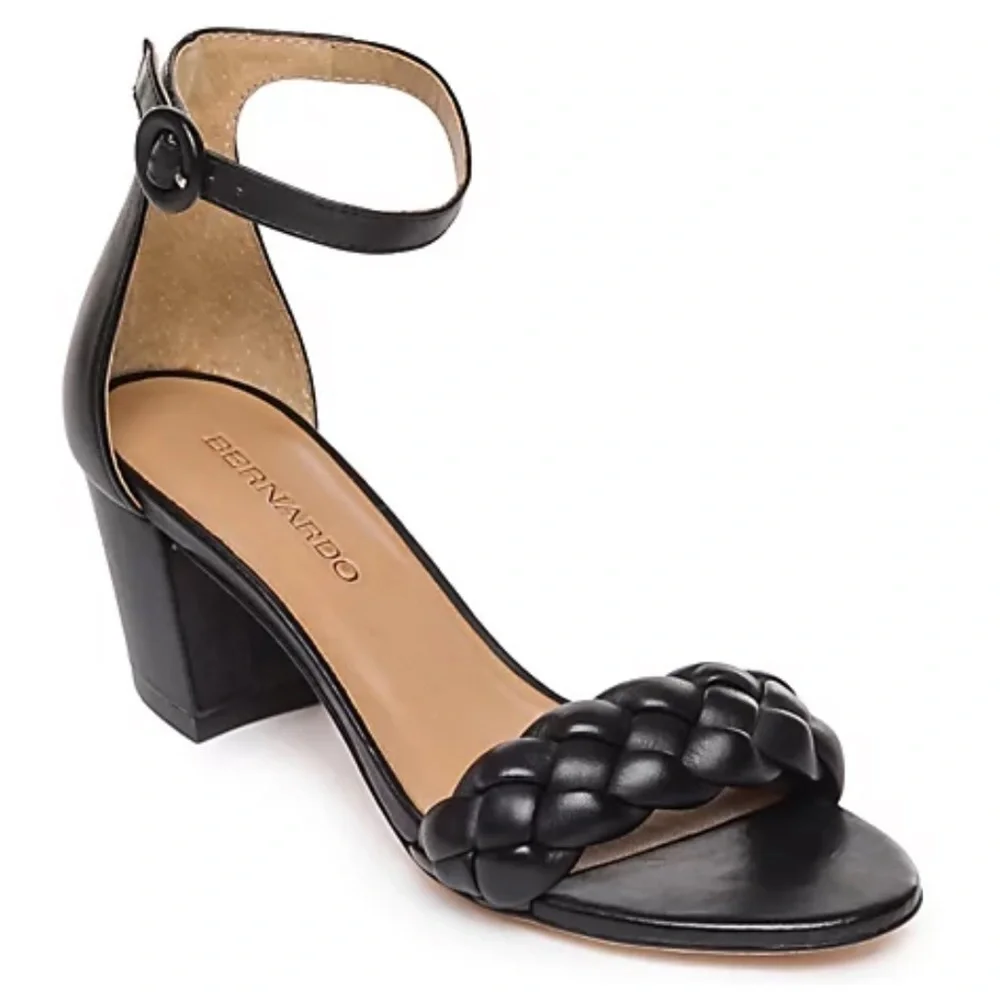 Brand New Bernardo Bethany Sandal Genuine Leather Black Heeled Braided Strap